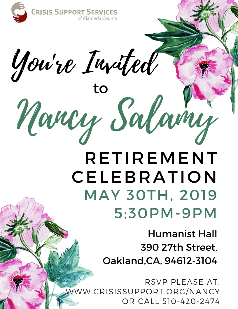 Nancy's Retirement Party is on May 30th, 2019 at Humanist Hall in Oakland from 5:30pm-9pm